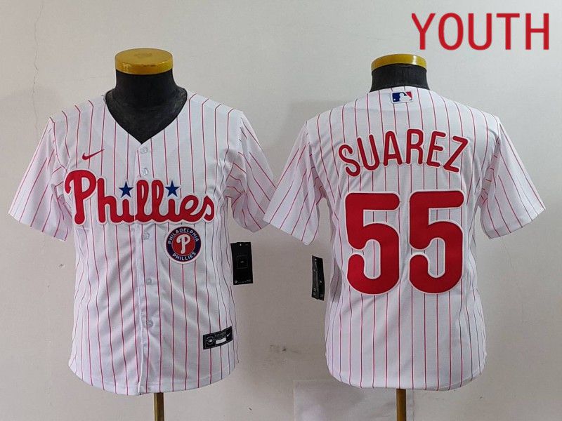 Youth Philadelphia Phillies #55 Suarez White stripe Nike Game 2024 MLB Jersey style 3